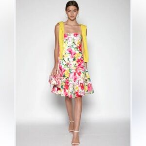 Ralph Lauren Pink Yellow Trumpet Midi Dress